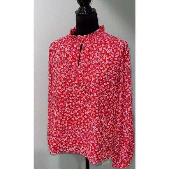 J.Crew Blouse S Keyhole Heart Print Red Pink Long Sleeve Top Valentine’s Day - Picture 5 of 10
